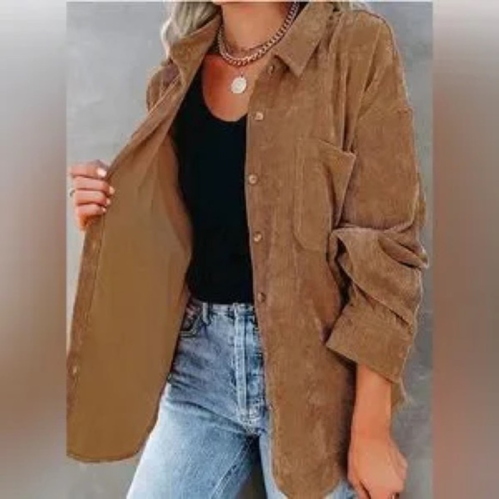 Shein Corduroy Shacket Button Down Shirt Brown Small